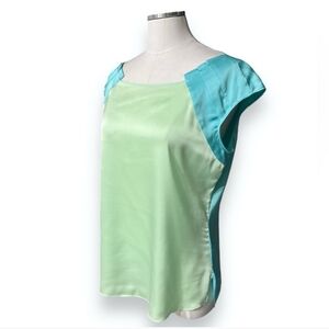 TAHARI Aqua & Mint Color Blocked Satin Top Pleated Cap Sleeve